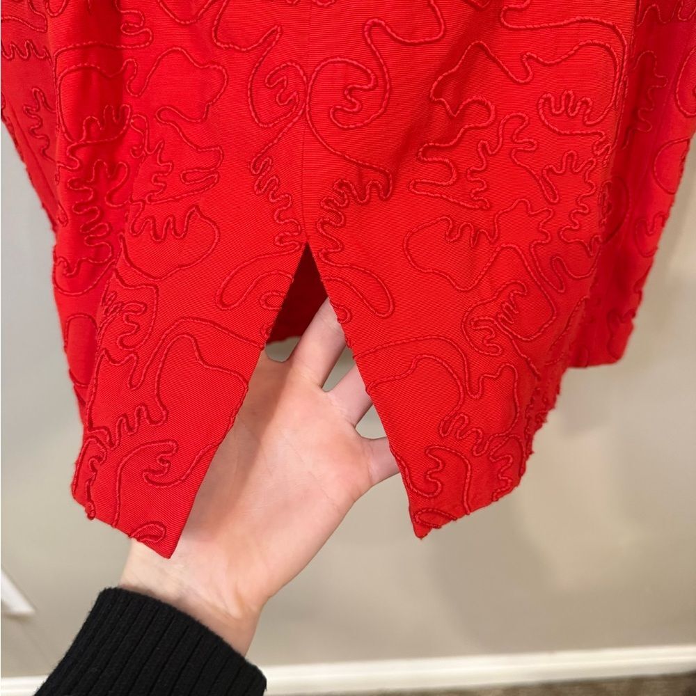 Carmen Marc Valvo Red Textured Midi Dress squiggles artsy - Picture 8 of 10